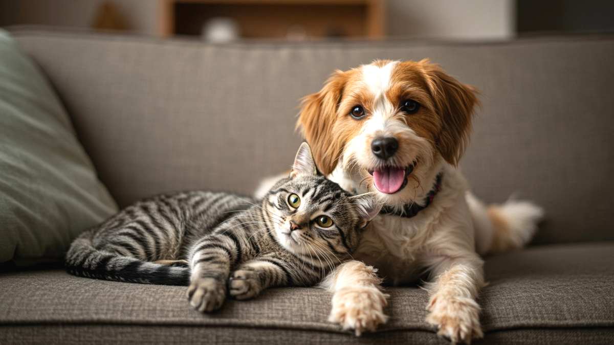 Chat et chien sur un canapé